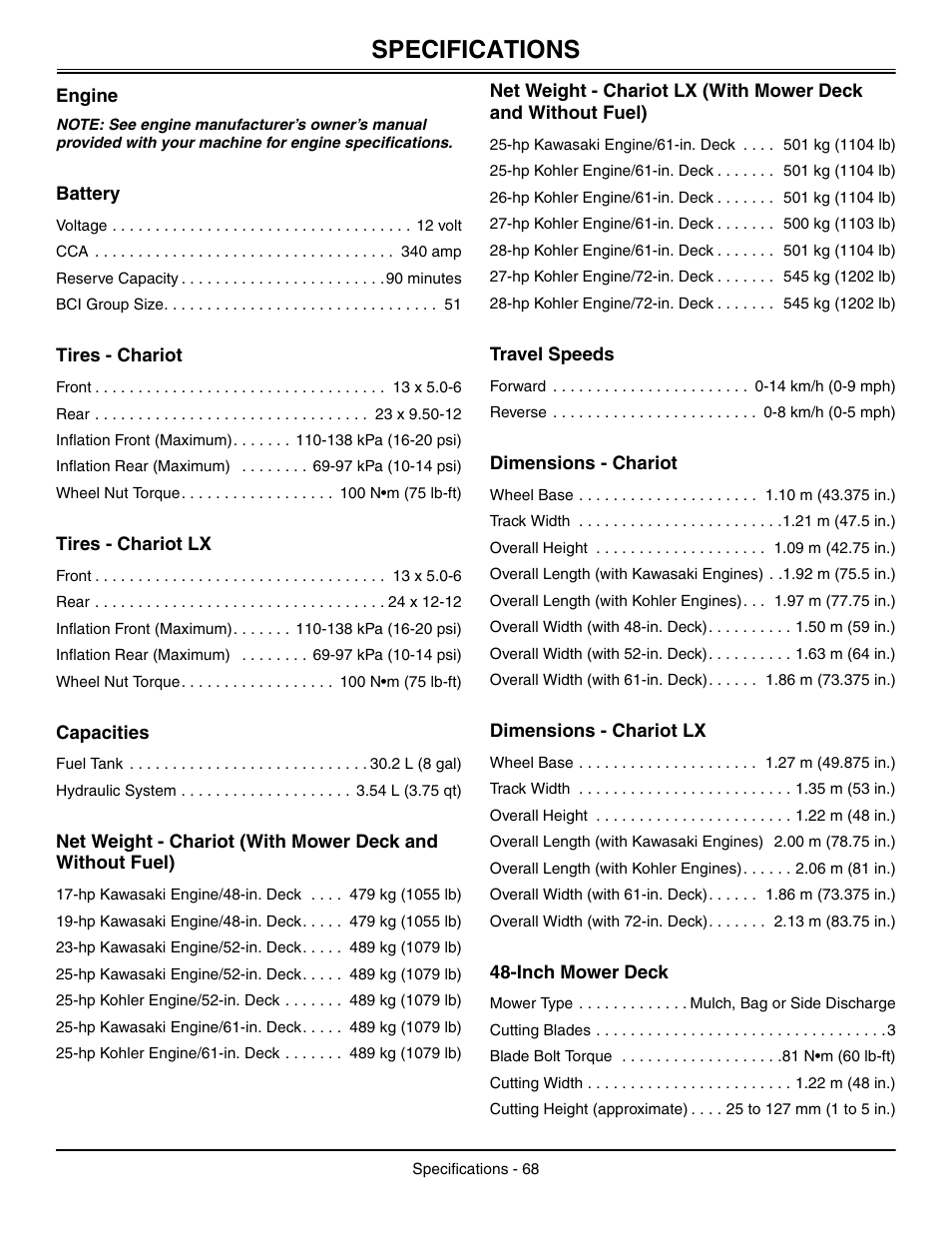 Specifications, Engine, Battery | Tires - chariot, Tires - chariot lx, Capacities, Travel speeds, Dimensions - chariot, Dimensions - chariot lx, Inch mower deck | Great Dane Chariot / Chariot LX GDRZ61-27KHE User Manual | Page 72 / 76