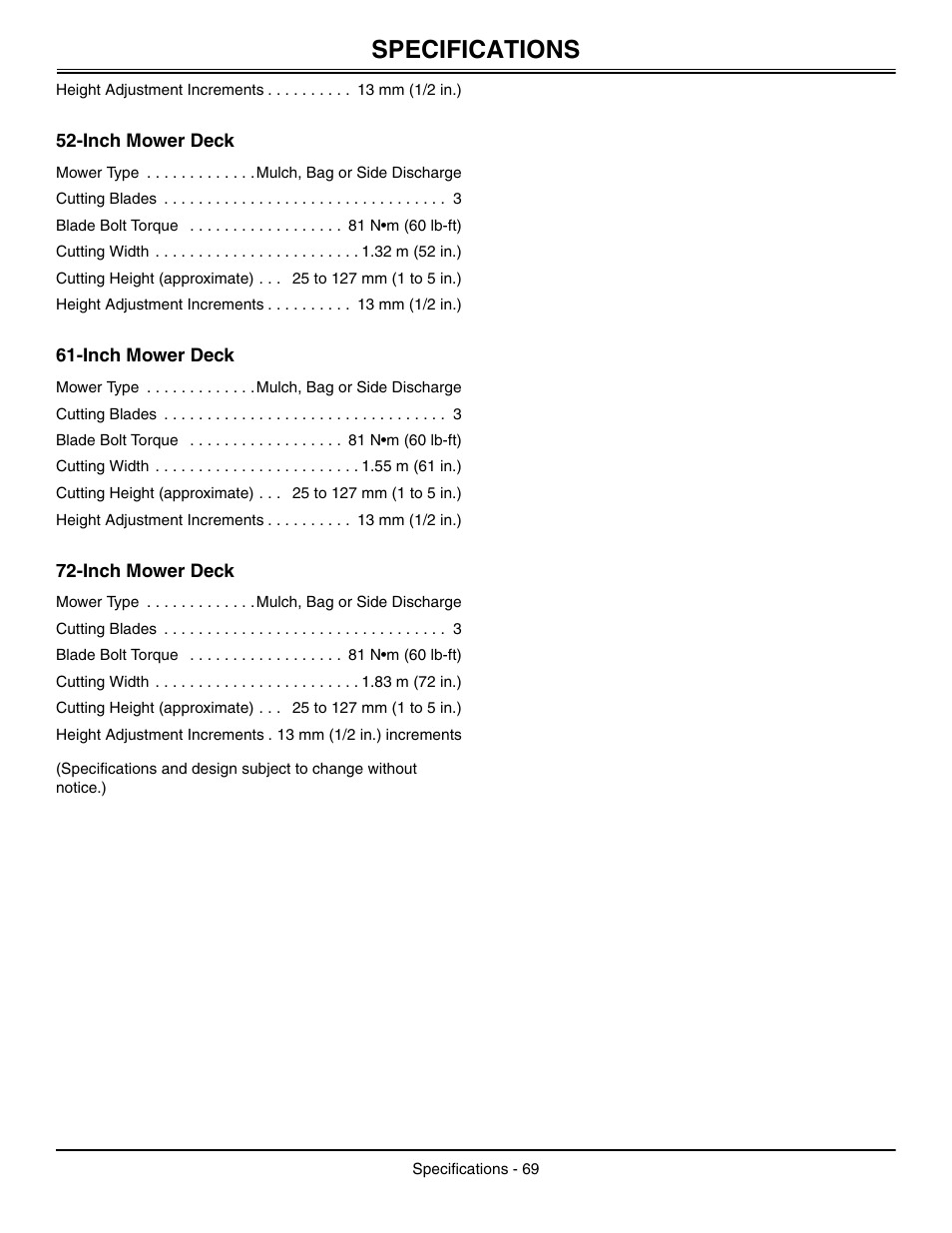 Inch mower deck, Specifications | Great Dane Chariot / Chariot LX GDRZ61-27KHE User Manual | Page 73 / 76