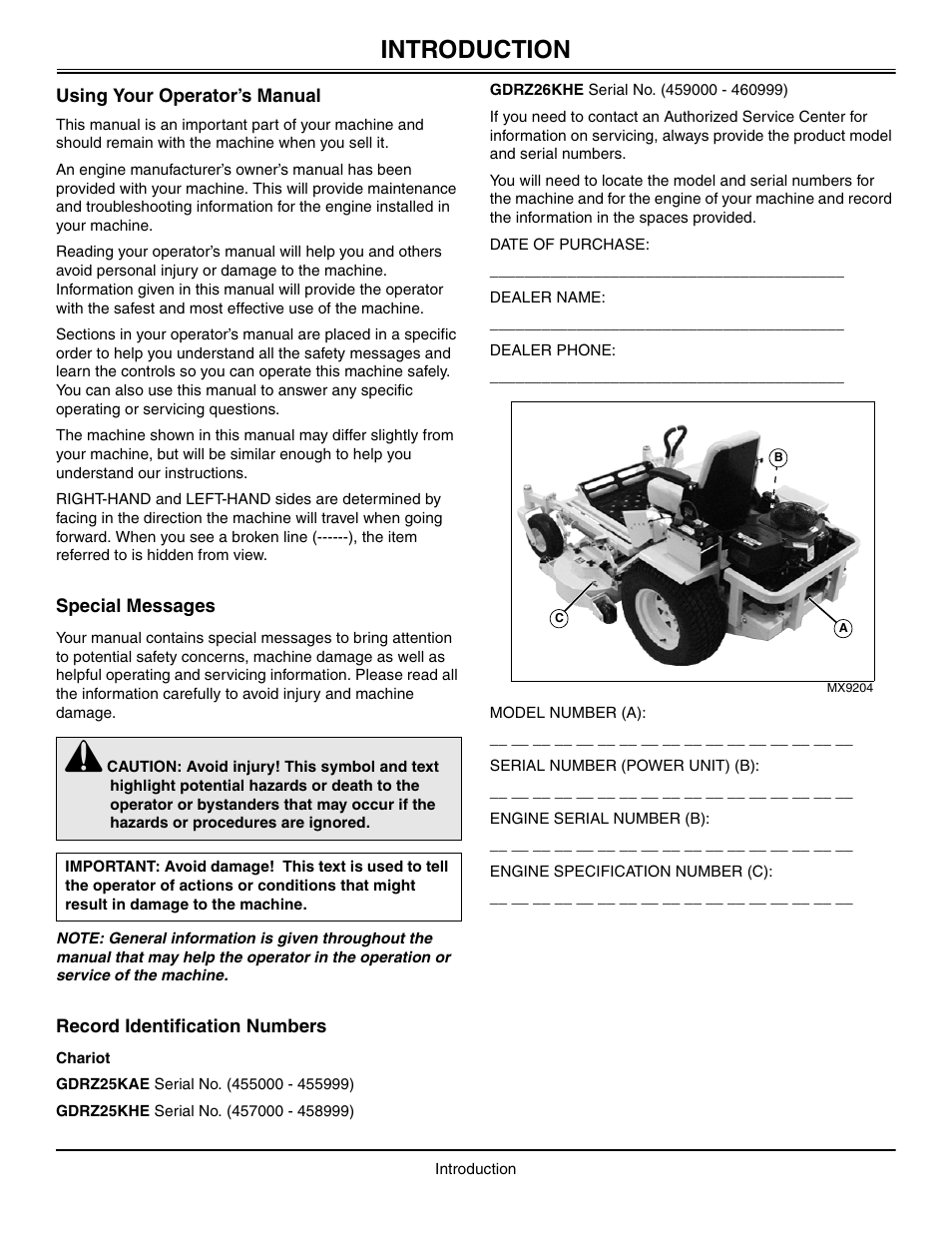 Introduction, Using your operator’s manual, Special messages | Record identification numbers | Great Dane Chariot GDRZ25KAE User Manual | Page 2 / 40