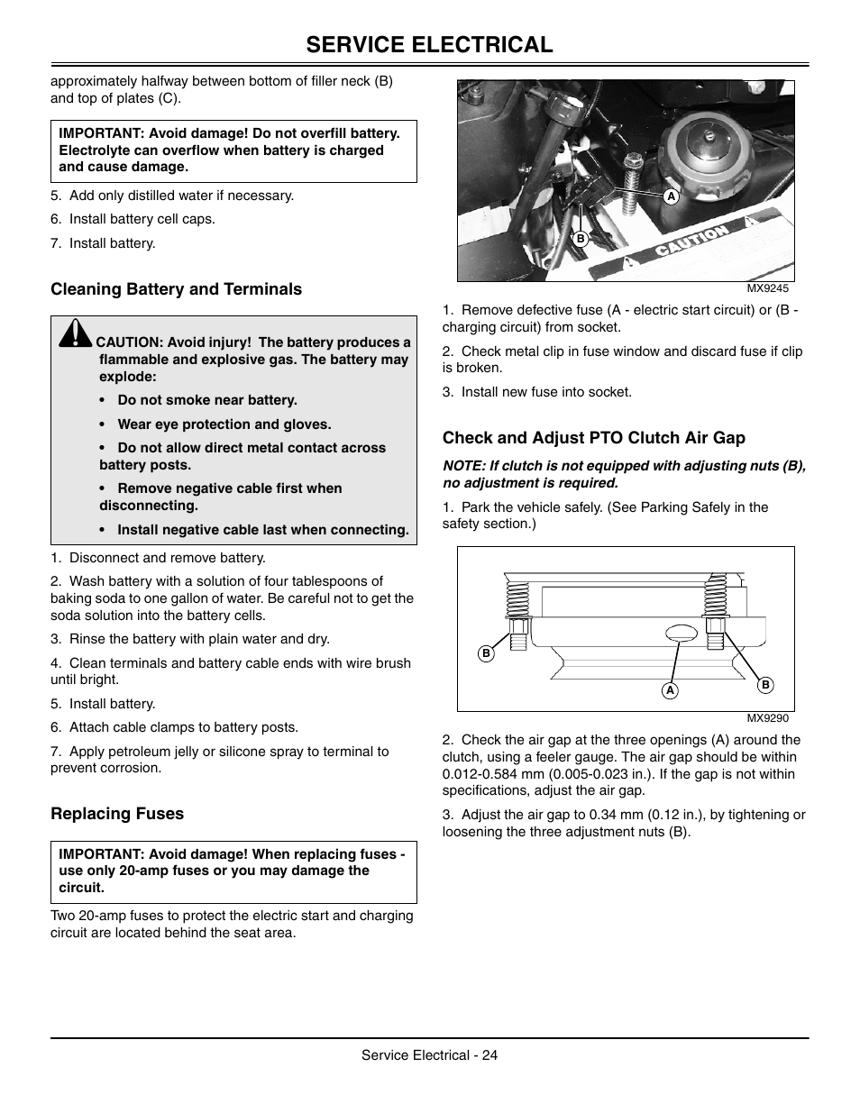 Cleaning battery and terminals, Replacing fuses, Check and adjust pto clutch air gap | Service electrical | Great Dane Chariot GDRZ25KAE User Manual | Page 27 / 40