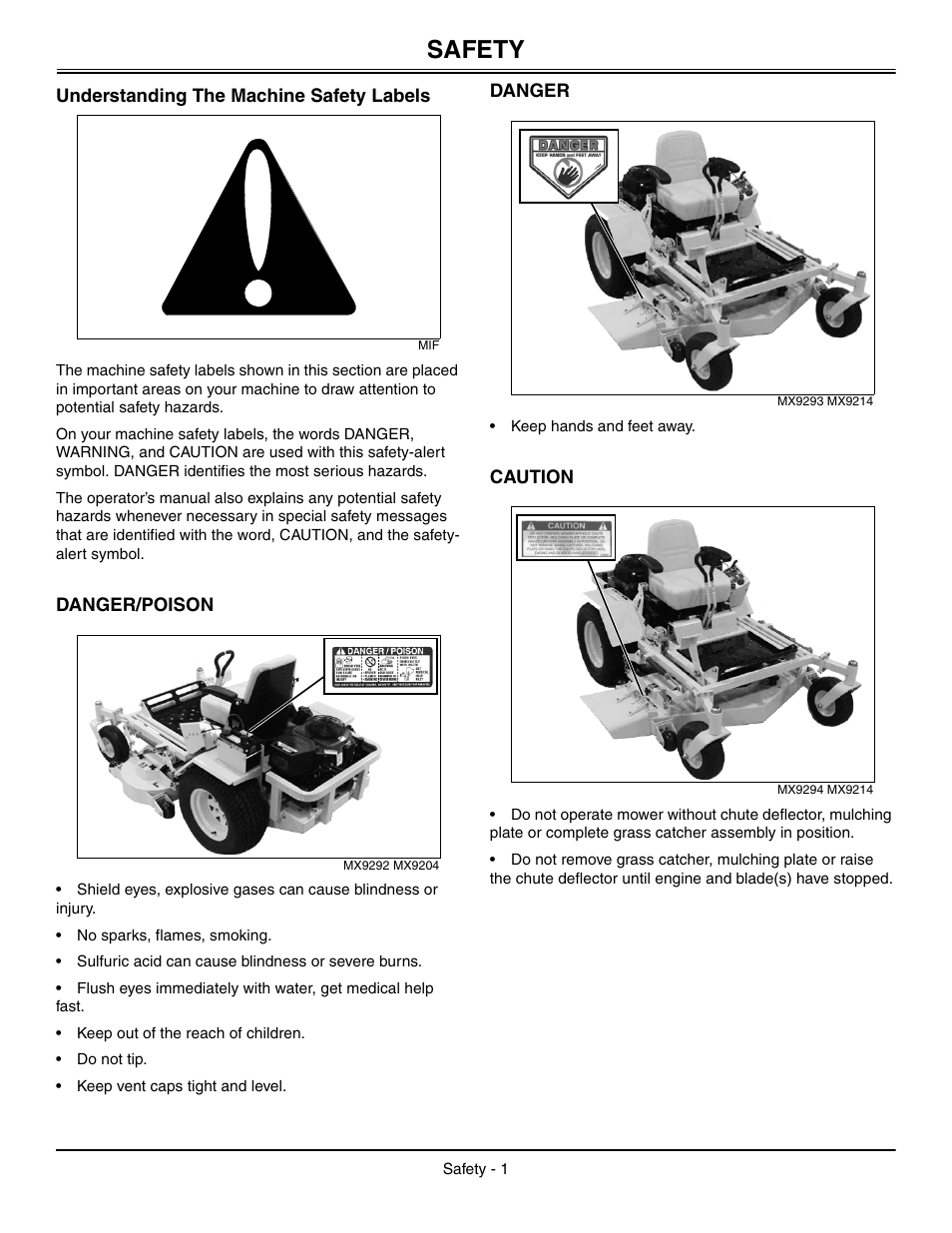 Safety, Understanding the machine safety labels, Danger/poison | Danger, Caution | Great Dane Chariot GDRZ25KAE User Manual | Page 4 / 40