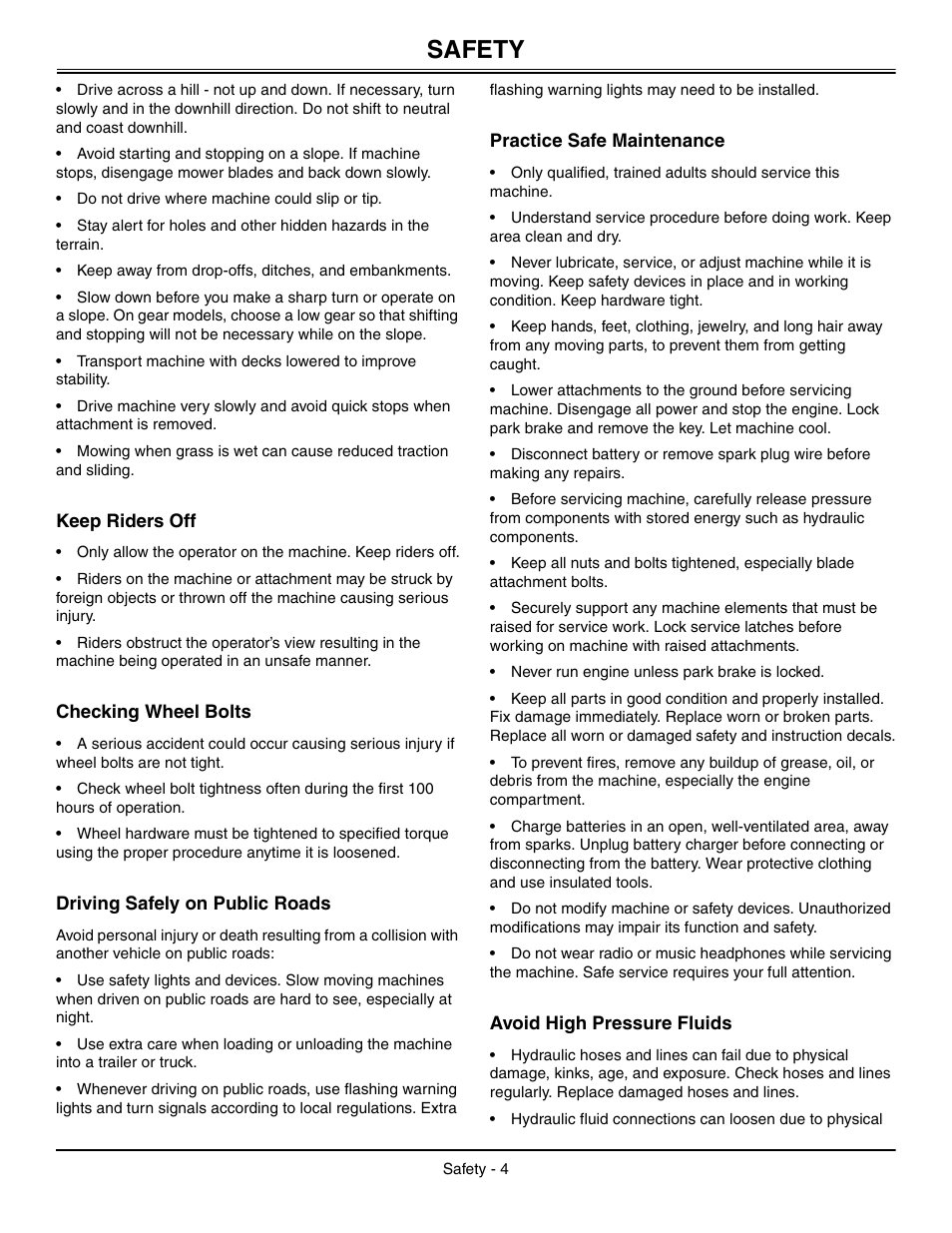 Keep riders off, Checking wheel bolts, Driving safely on public roads | Practice safe maintenance, Avoid high pressure fluids, Safety | Great Dane Chariot GDRZ25KAE User Manual | Page 7 / 40