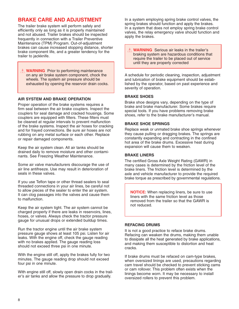 Brake care and adjustment | Great Dane 42101401 User Manual | Page 10 / 32
