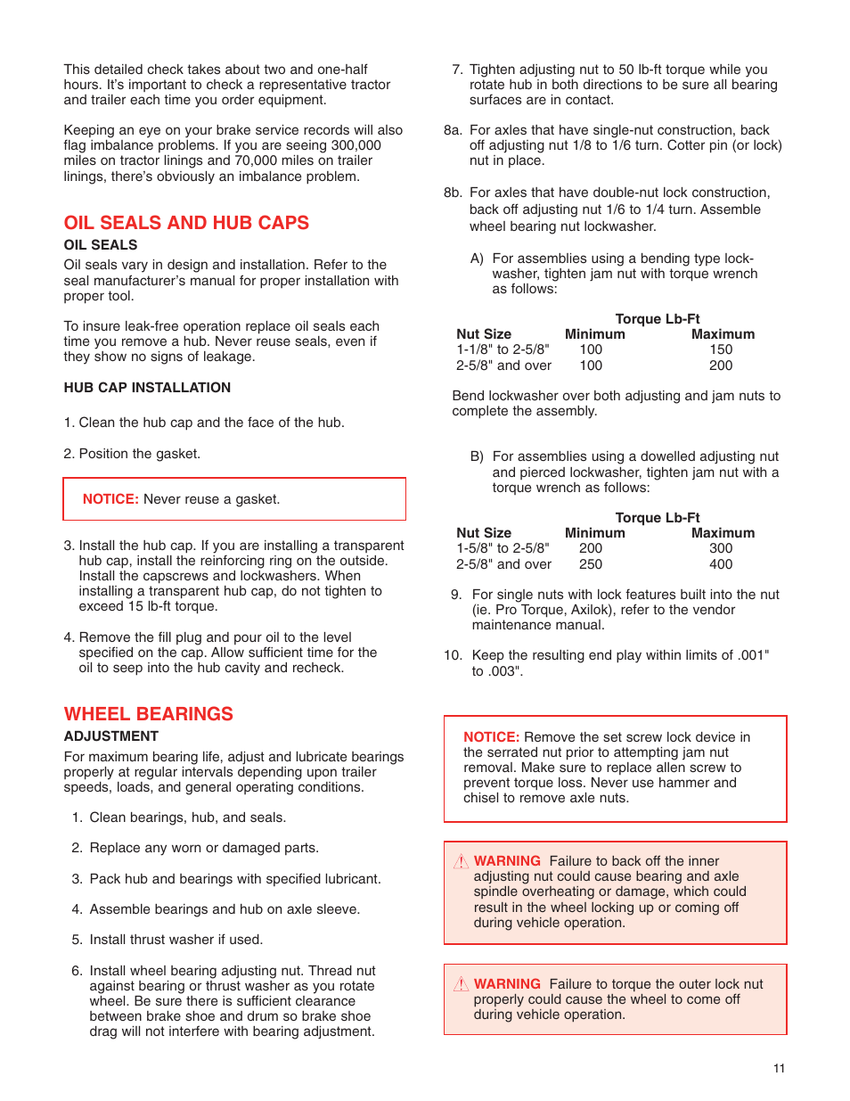 Oil seals and hub caps, Wheel bearings | Great Dane 42101401 User Manual | Page 13 / 32