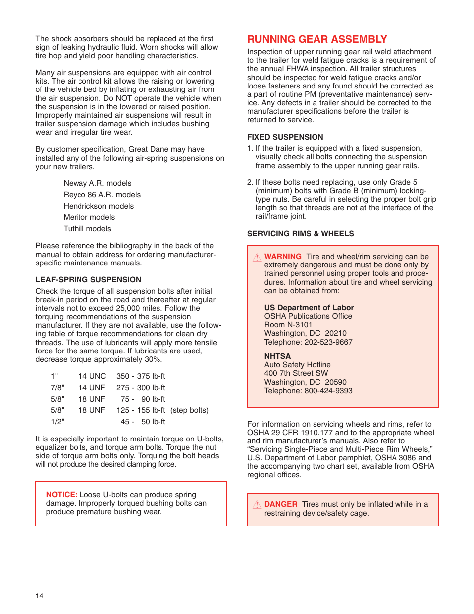 Running gear assembly | Great Dane 42101401 User Manual | Page 16 / 32