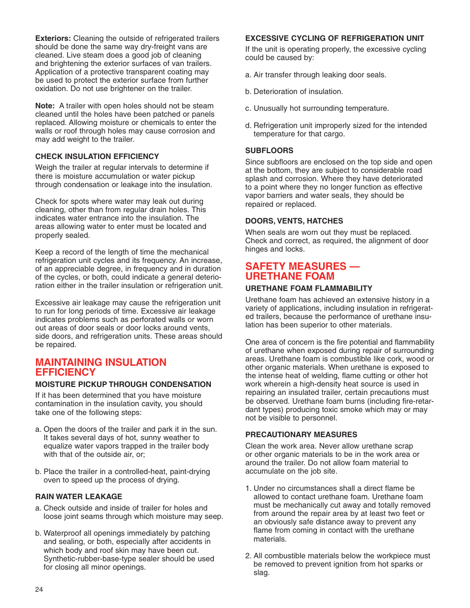 Maintaining insulation efficiency, Safety measures — urethane foam | Great Dane 42101401 User Manual | Page 26 / 32