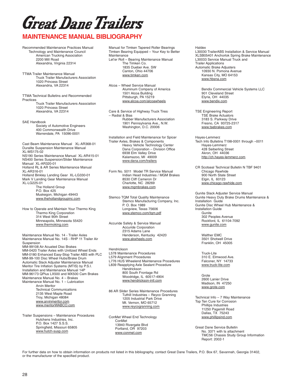 Maintenance manual bibliography | Great Dane 42101401 User Manual | Page 30 / 32