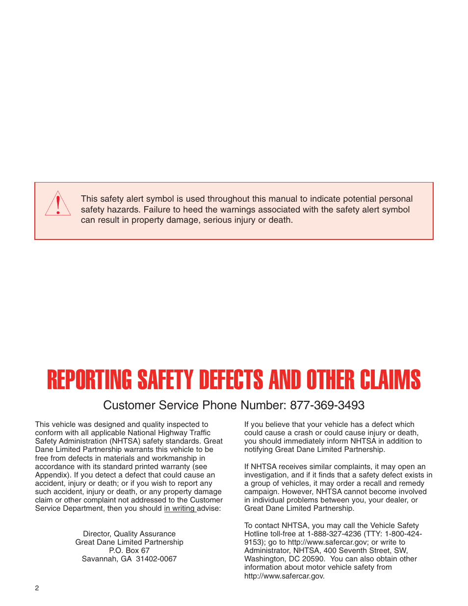 Reporting safety defects and other claims | Great Dane 42101401 User Manual | Page 4 / 32