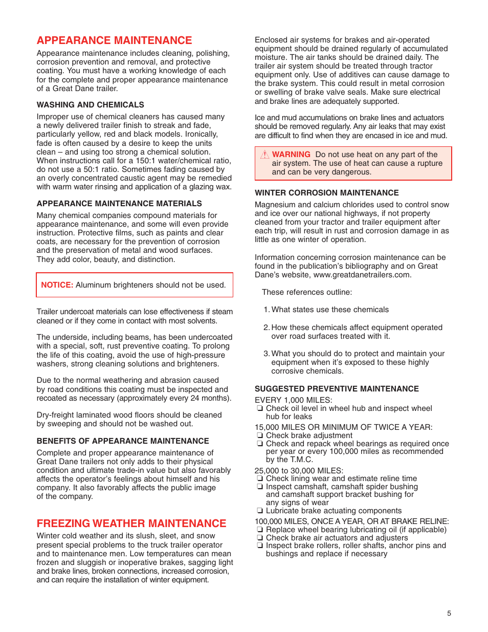 Appearance maintenance, Freezing weather maintenance | Great Dane 42101401 User Manual | Page 7 / 32