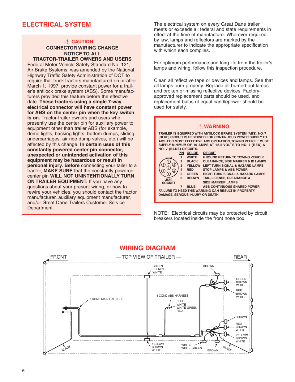Electrical system, Wiring diagram, Warning | Top view of trailer — front rear | Great Dane 42101401 User Manual | Page 8 / 32