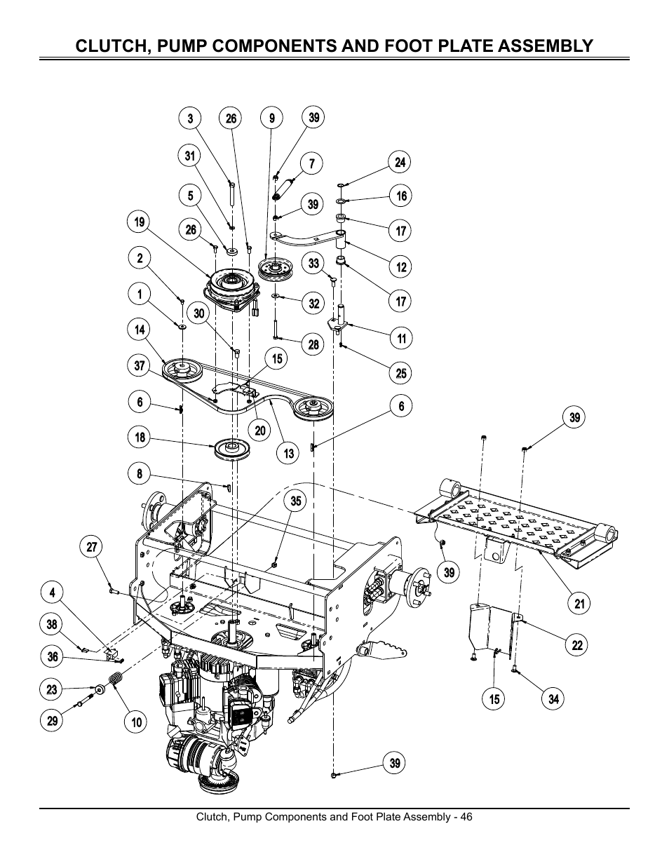 Clutch, pump components and foot plate assembly | Great Dane Surfer GSRKW2352S User Manual | Page 48 / 65