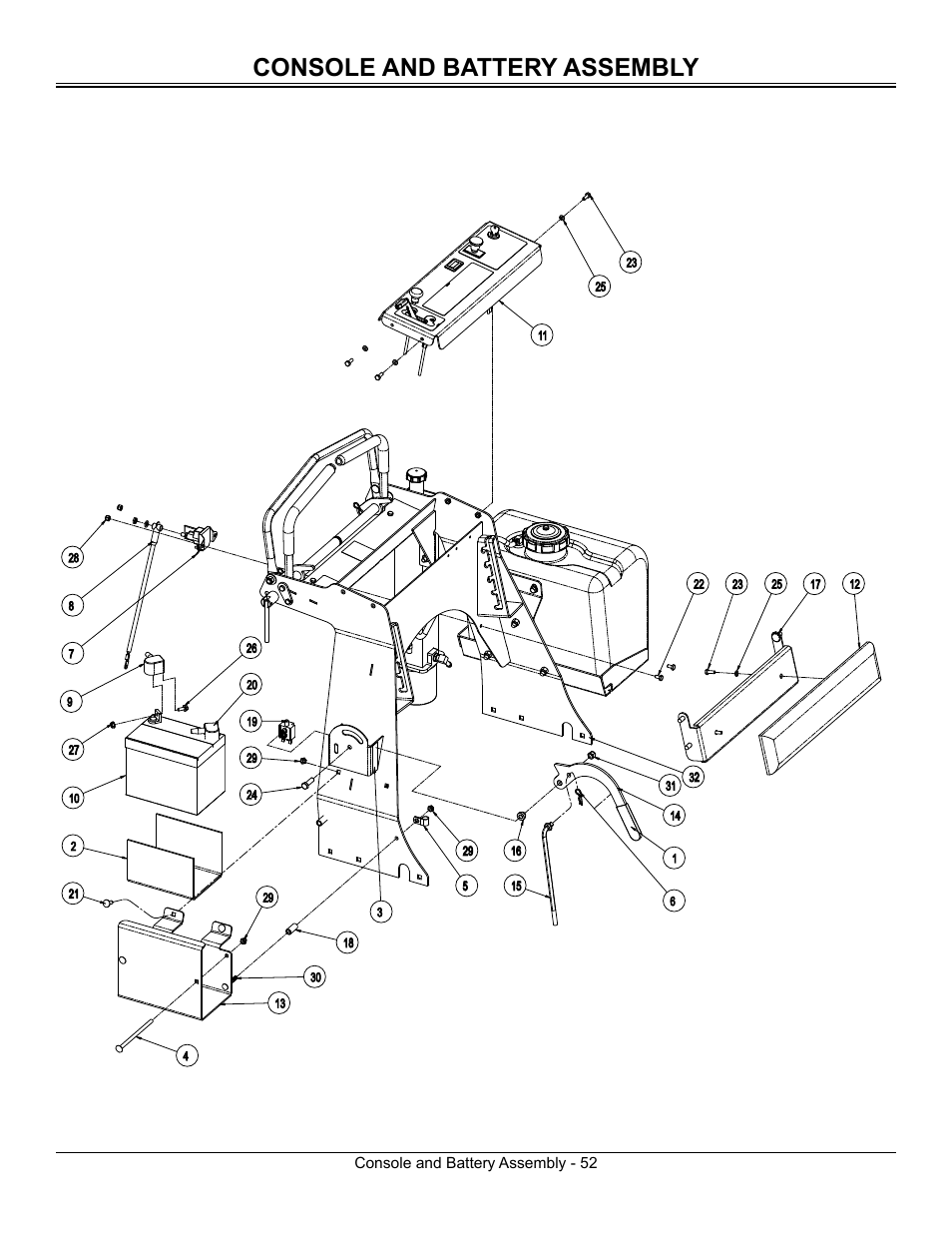 Console and battery assembly | Great Dane Surfer GSRKW2352S User Manual | Page 54 / 65