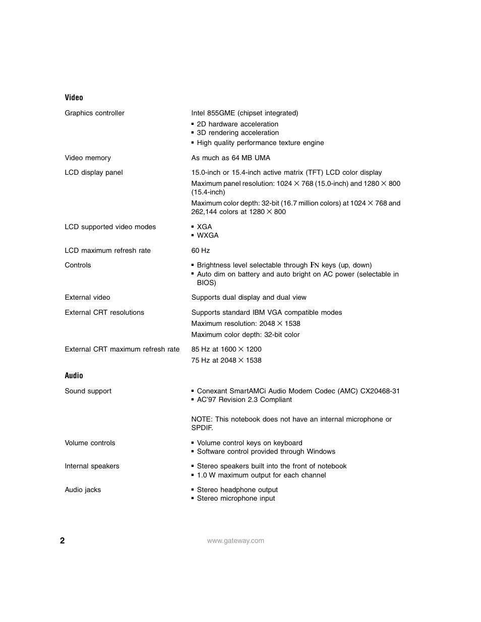Video, Audio | Gateway 6000 User Manual | Page 2 / 6