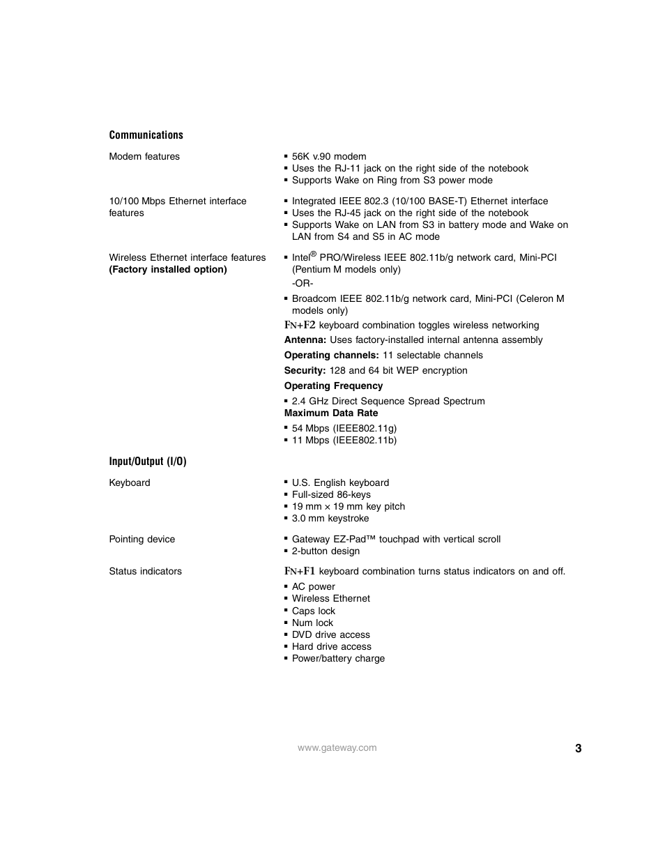Communications, Input/output (i/o) | Gateway 6000 User Manual | Page 3 / 6