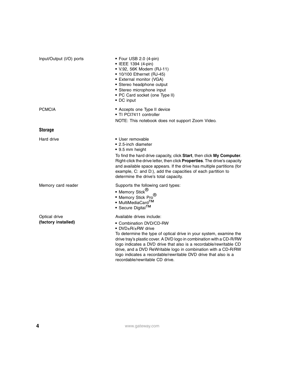 Storage | Gateway 6000 User Manual | Page 4 / 6