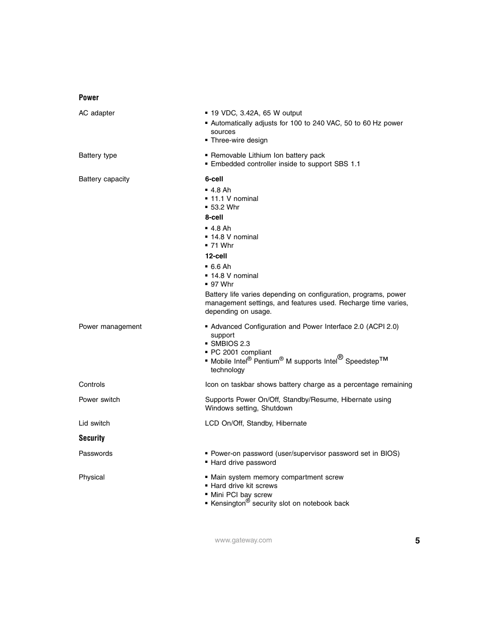 Power, Security | Gateway 6000 User Manual | Page 5 / 6