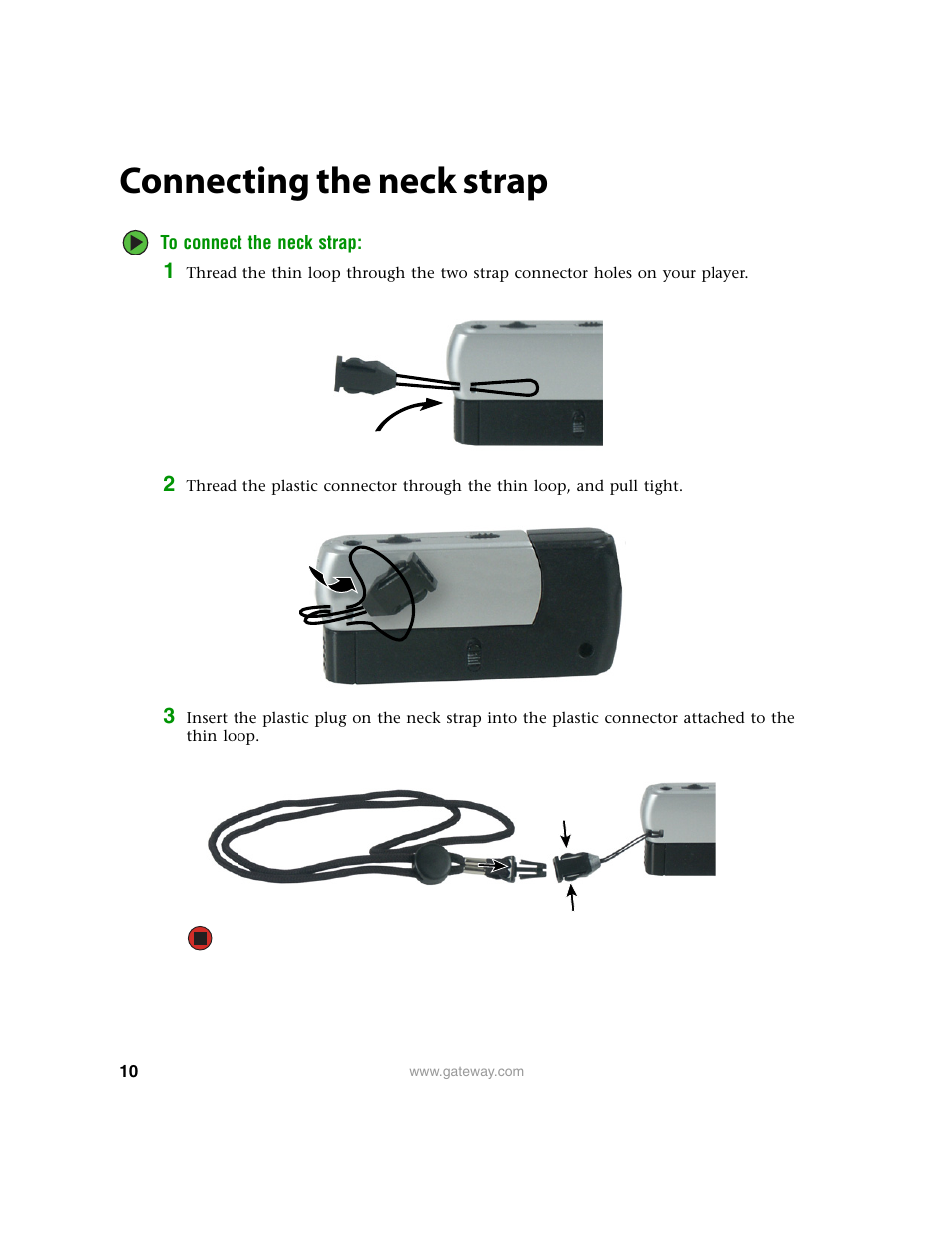 Connecting the neck strap | Gateway Projector 210 User Manual | Page 13 / 52