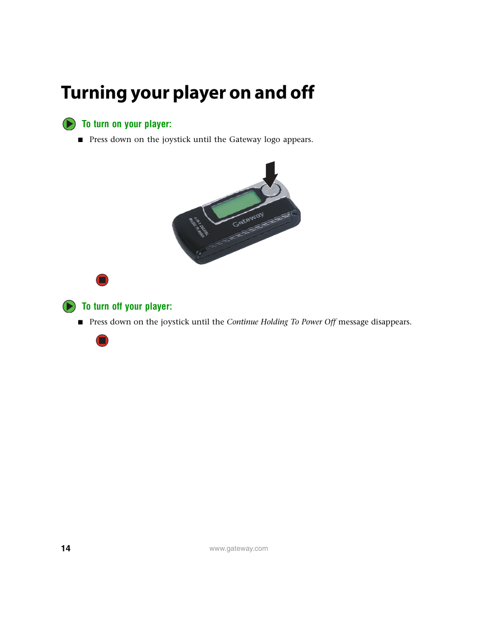 Turning your player on and off | Gateway Projector 210 User Manual | Page 17 / 52