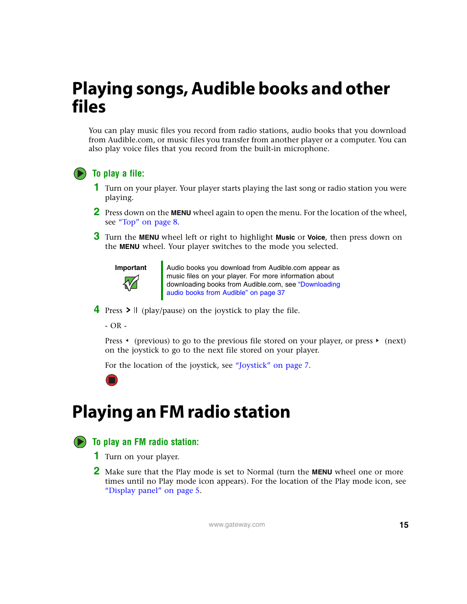 Playing songs, audible books and other files, Playing an fm radio station | Gateway Projector 210 User Manual | Page 18 / 52