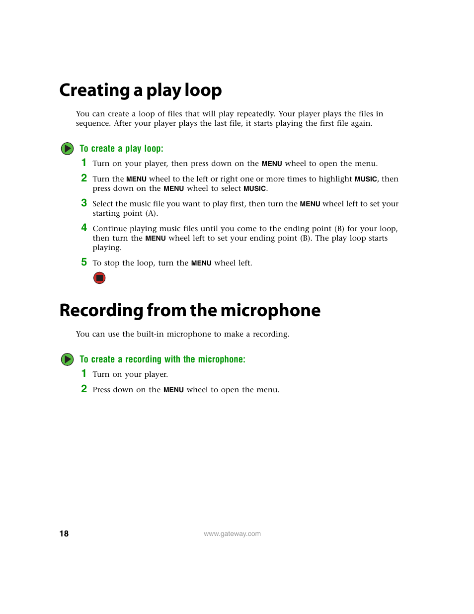 Creating a play loop, Recording from the microphone, Creating a play loop recording from the microphone | Gateway Projector 210 User Manual | Page 21 / 52