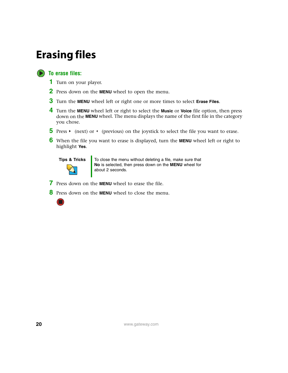 Erasing files | Gateway Projector 210 User Manual | Page 23 / 52