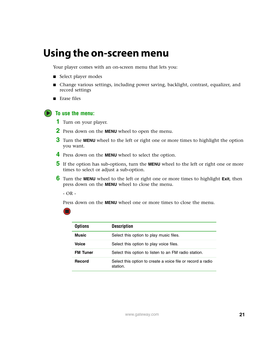 Using the on-screen menu, Using the on-screen menu” on | Gateway Projector 210 User Manual | Page 24 / 52