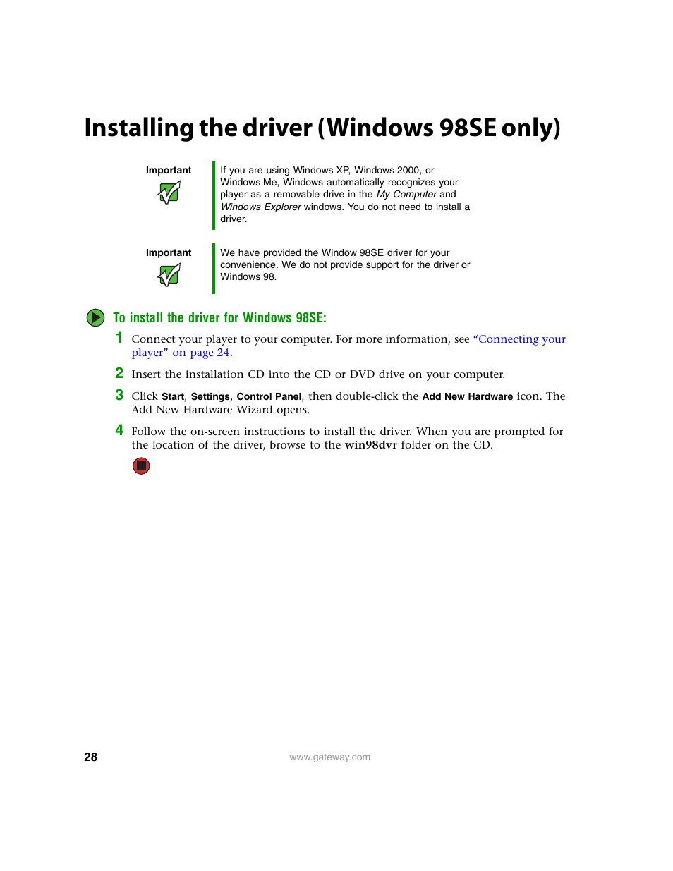 Installing the driver (windows98se only), Installing the driver (windows 98se only) | Gateway Projector 210 User Manual | Page 31 / 52