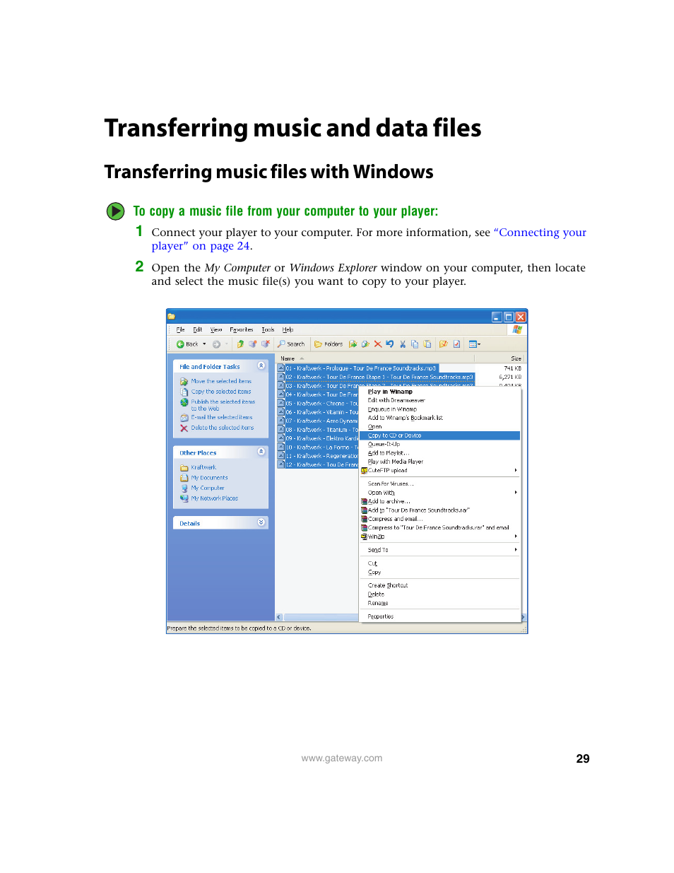 Transferring music and data files, Transferring music files with windows | Gateway Projector 210 User Manual | Page 32 / 52