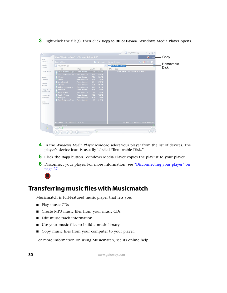 Transferring music files with musicmatch | Gateway Projector 210 User Manual | Page 33 / 52