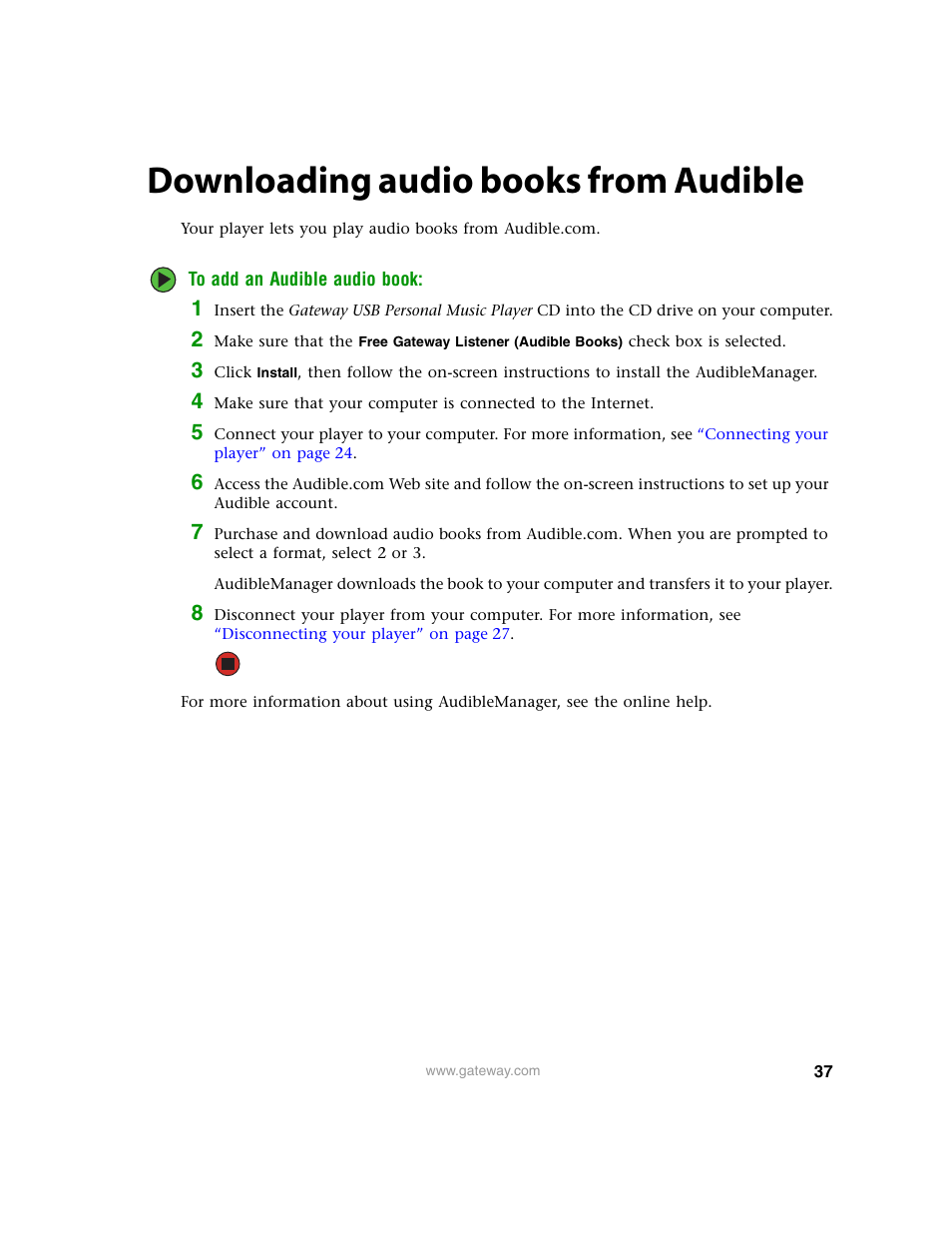 Downloading audio books from audible, Downloading | Gateway Projector 210 User Manual | Page 40 / 52