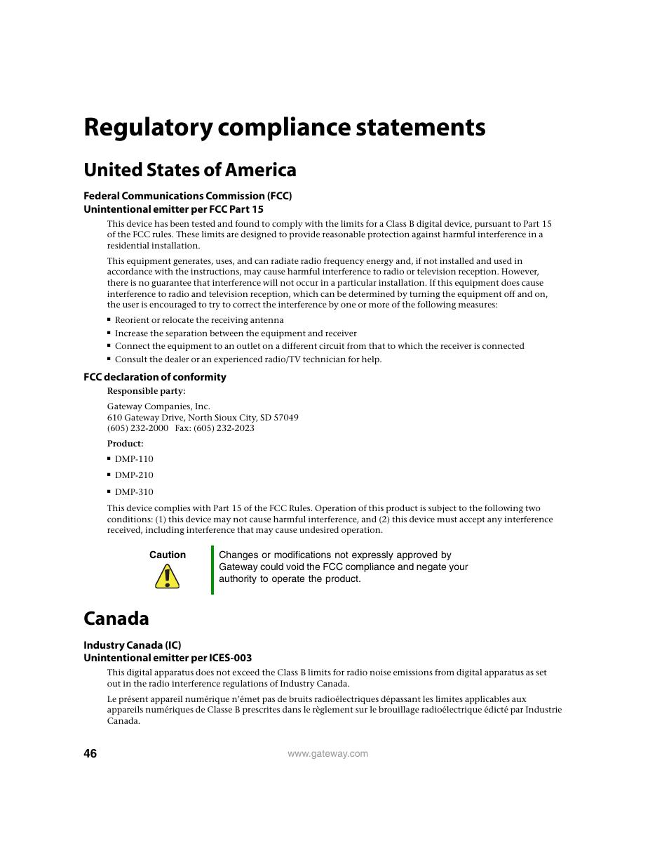 Regulatory compliance statements, United states of america, Canada | Gateway Projector 210 User Manual | Page 49 / 52