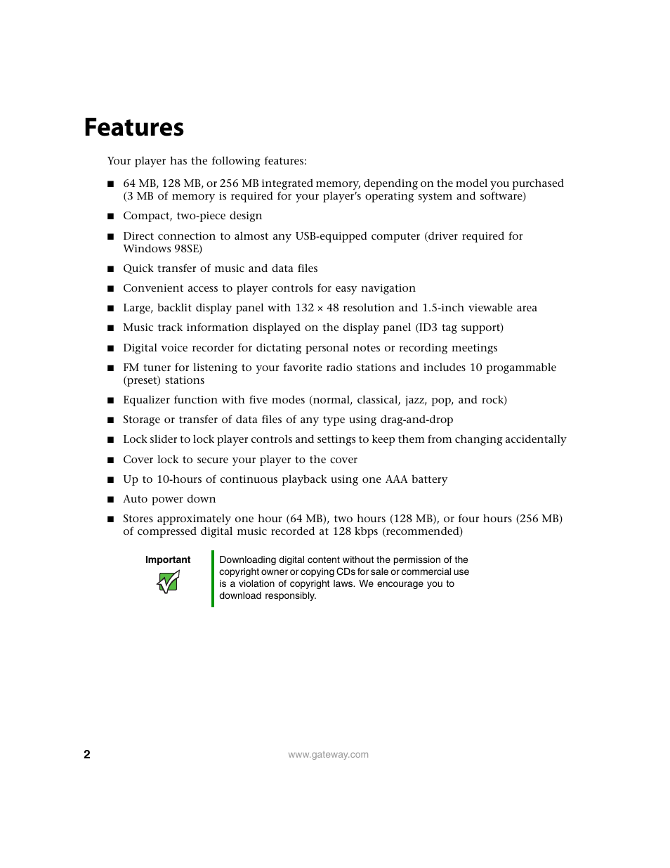 Features | Gateway Projector 210 User Manual | Page 5 / 52