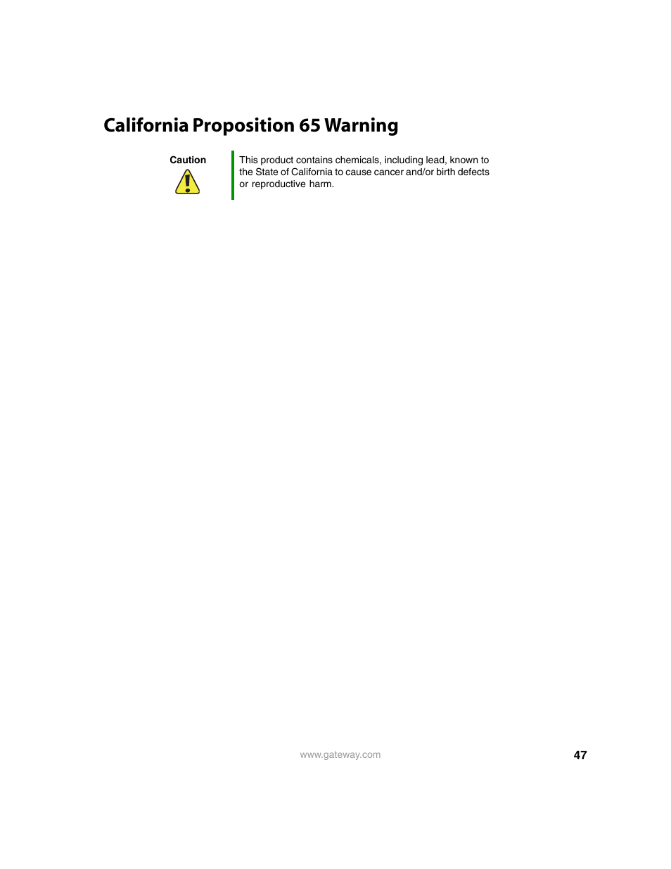 California proposition 65 warning | Gateway Projector 210 User Manual | Page 50 / 52