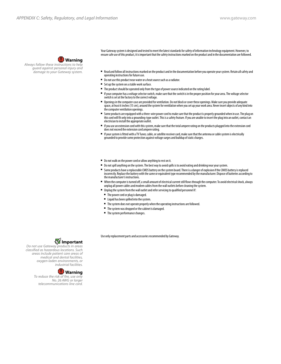 Important safety information, Setting up your system, Care during use | Replacement parts and accessories, Warning, Important | Gateway E-826R User Manual | Page 107 / 116