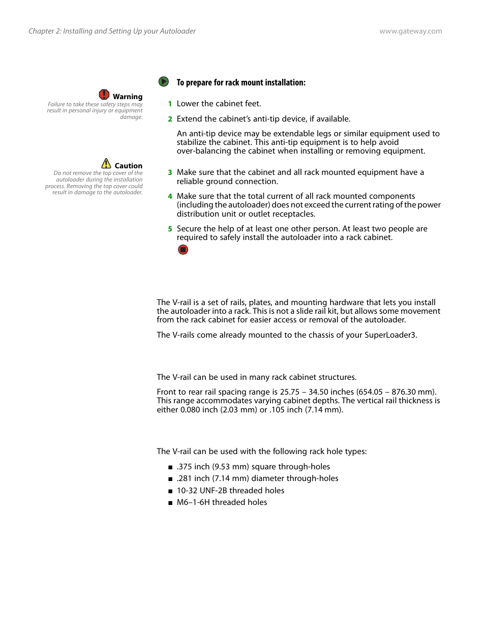General preparation for rack mount installation, Installing and removing the v-rail kit | Gateway E-826R User Manual | Page 19 / 116