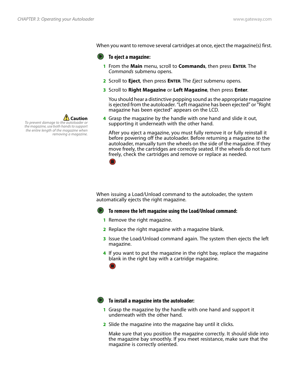 Magazine load/unload command, Installing a magazine, Magazine load/unload command installing a magazine | Gateway E-826R User Manual | Page 47 / 116