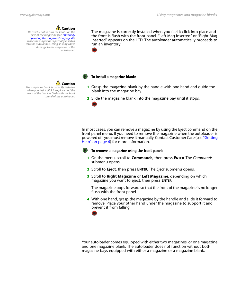 Installing a magazine blank, Removing a magazine, Removing a magazine blank | Gateway E-826R User Manual | Page 48 / 116