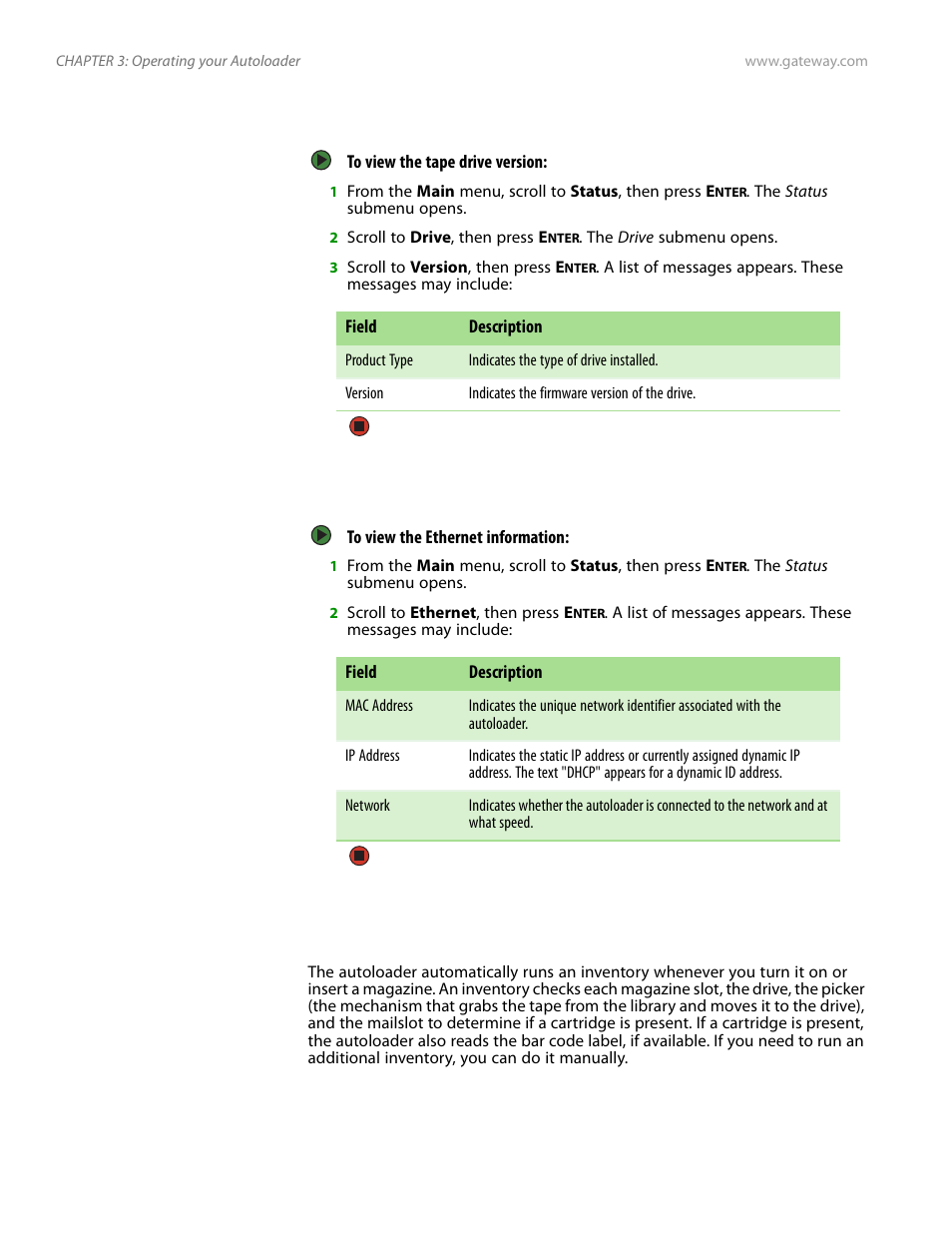 Viewing the tape drive version, Viewing ethernet information, Running an inventory | Gateway E-826R User Manual | Page 55 / 116