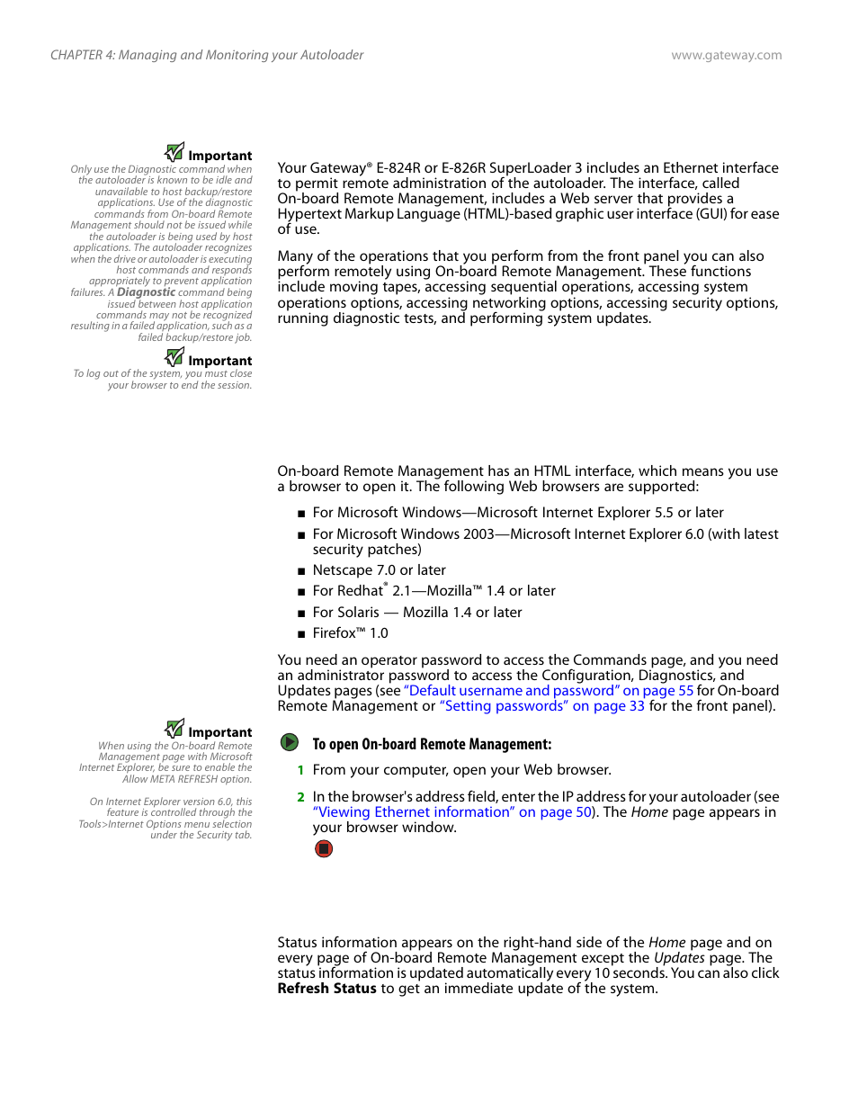 On-board remote management overview, Opening on-board remote management, Viewing status information | Gateway E-826R User Manual | Page 59 / 116