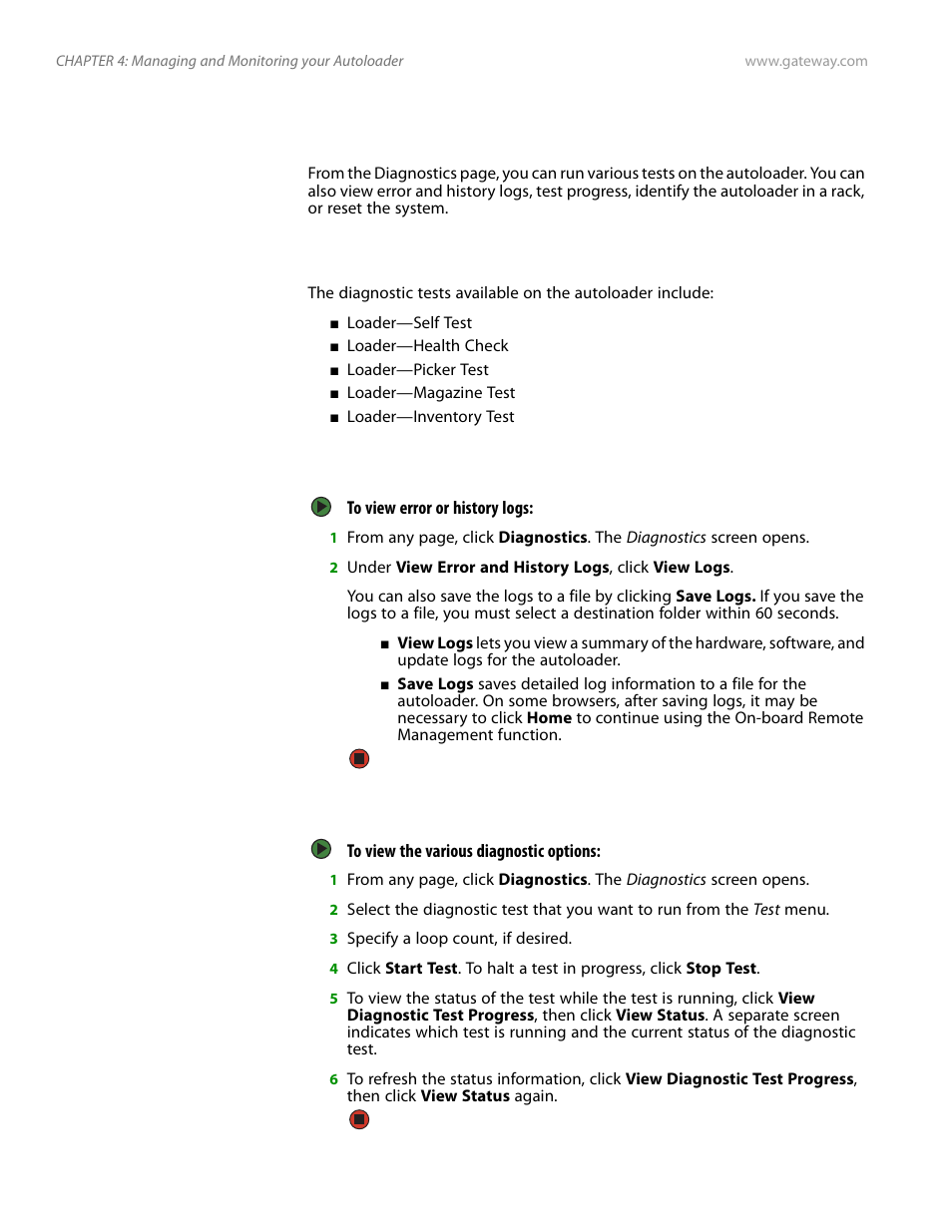 Running diagnostic tests, Viewing error or history logs, Diagnostics | Using the diagnostics page | Gateway E-826R User Manual | Page 67 / 116