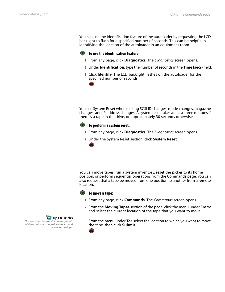 Identification, Performing a system reset, Identification performing a system reset | Using the commands page | Gateway E-826R User Manual | Page 68 / 116