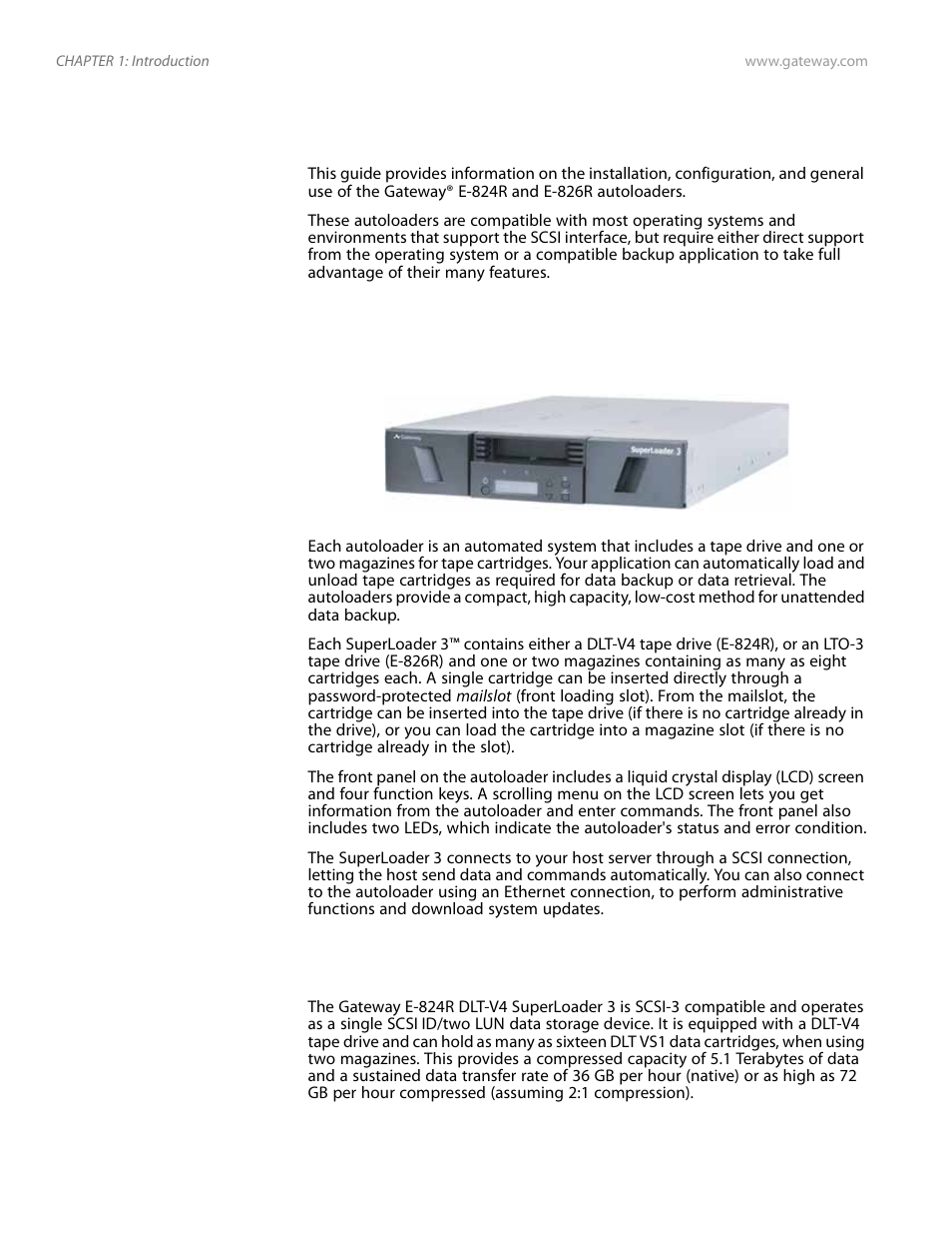 Introduction, Features, Gateway e-824r dlt-v4 superloader3 | Introduction features, Gateway e-824r dlt-v4 superloader 3 | Gateway E-826R User Manual | Page 7 / 116