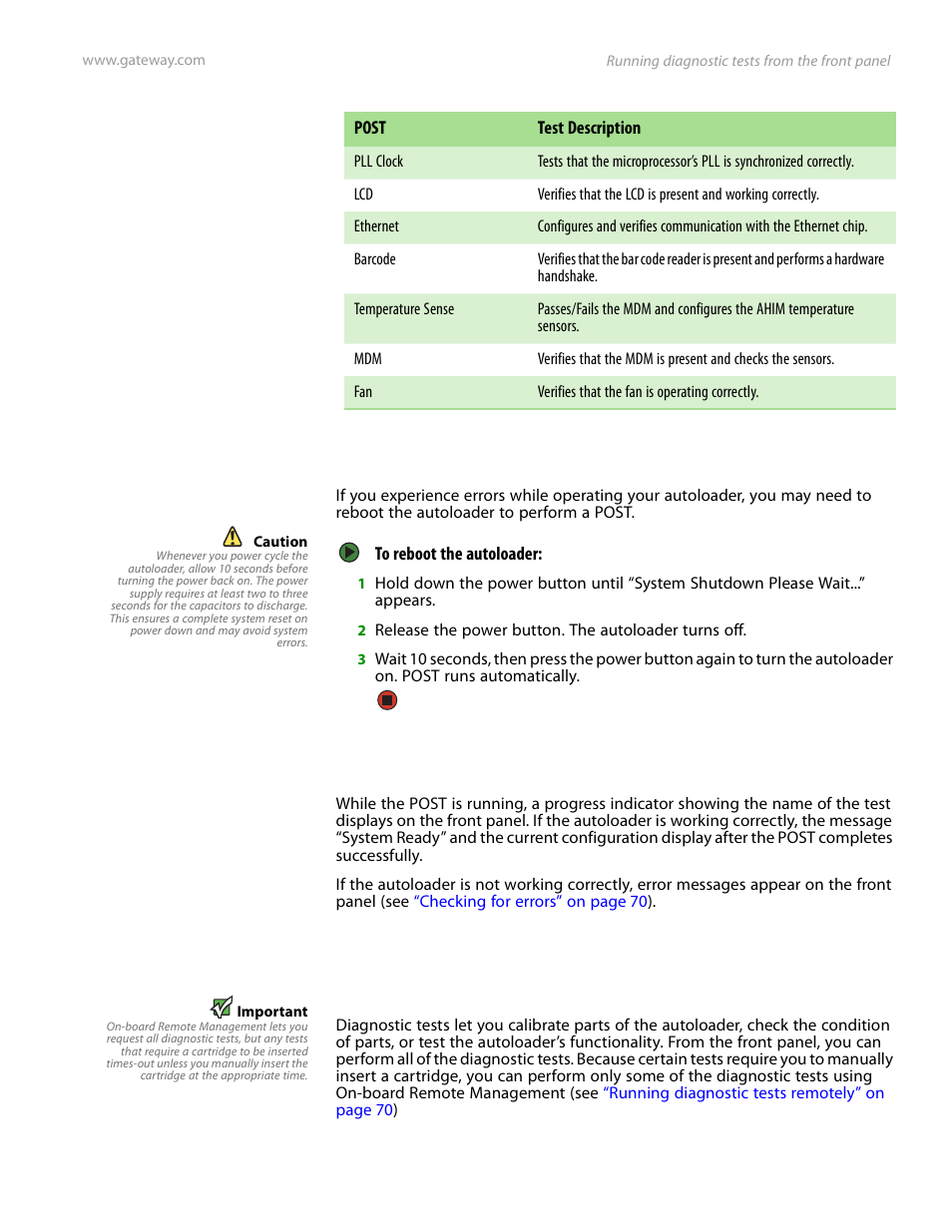 Performing a post, Interpreting the post results, Running diagnostic tests from the front panel | Performing a post interpreting the post results | Gateway E-826R User Manual | Page 72 / 116