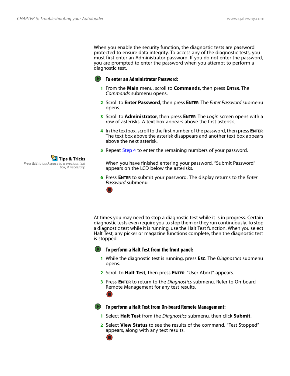 Setting the security, Stopping a diagnostic test, Setting the security stopping a diagnostic test | Gateway E-826R User Manual | Page 73 / 116