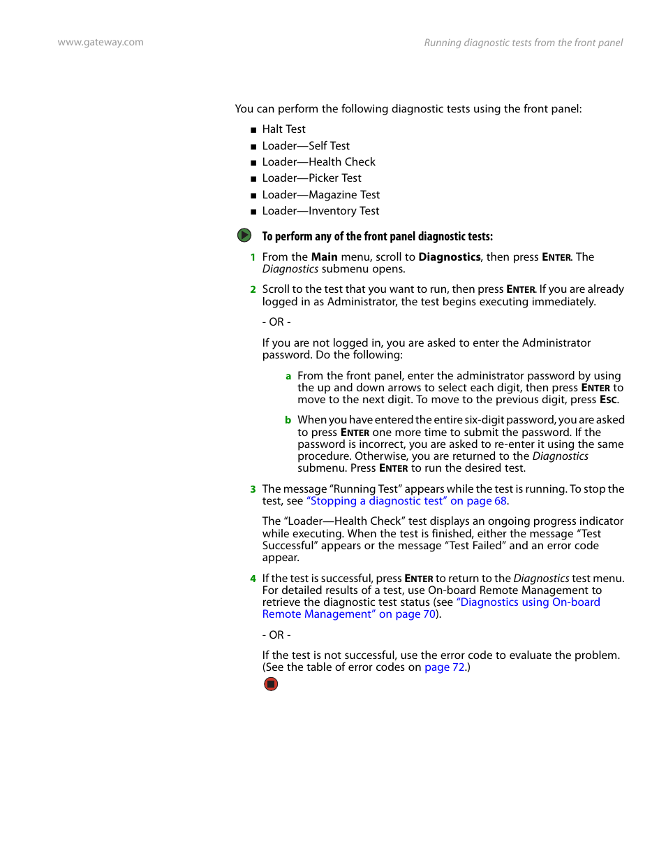 Front panel diagnostic tests | Gateway E-826R User Manual | Page 74 / 116