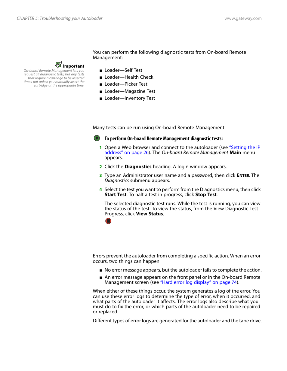 Running diagnostic tests remotely, Diagnostics using on-board remote management, Checking for errors | Running diagnostic tests remotely” on, Diagnostics using on-board | Gateway E-826R User Manual | Page 75 / 116