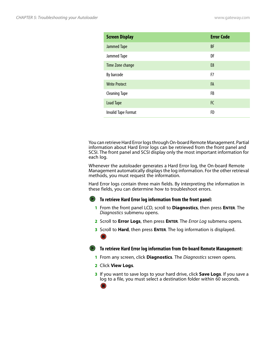 Hard error log display | Gateway E-826R User Manual | Page 79 / 116