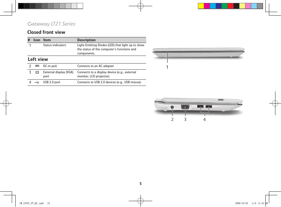 Lt21 series, Closed front view, Left view | Gateway LT21 User Manual | Page 10 / 11