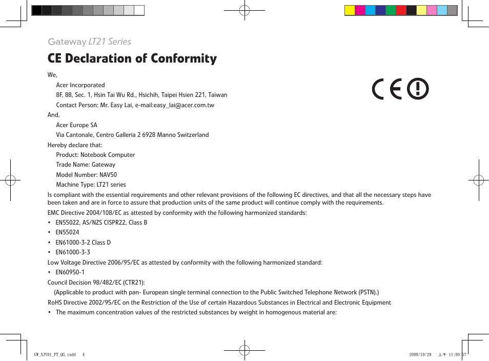 Ce declaration of conformity, Lt21 series | Gateway LT21 User Manual | Page 4 / 11