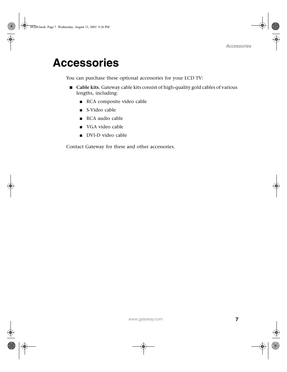 Accessories, Rca composite video cable, S-video cable | Rca audio cable, Vga video cable | Gateway GTW-L17M103 User Manual | Page 11 / 58